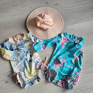 RuffleButts Baby 6-12m long Sleeve One Piece Rash Guards bundle plus hat